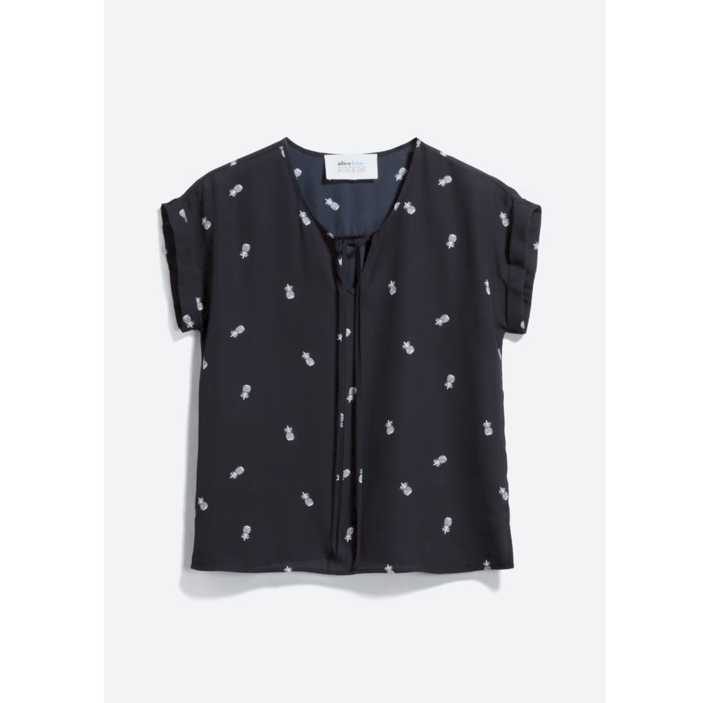Alice Blue Pineapple Print Blouse XL Navy White Tie Neck Top